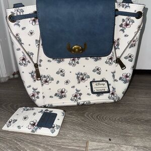 Disney Loungefly Stitch Floral Backpack and Wallet- Blue and White